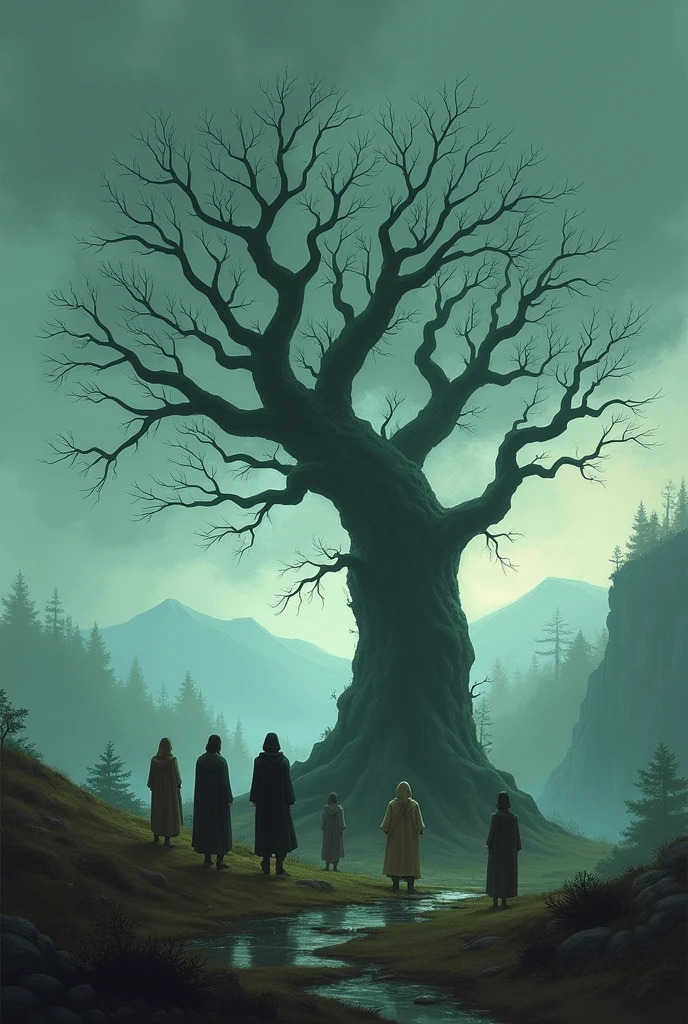 dead tree, several people lamenting, 2d illustration, fantasy style.