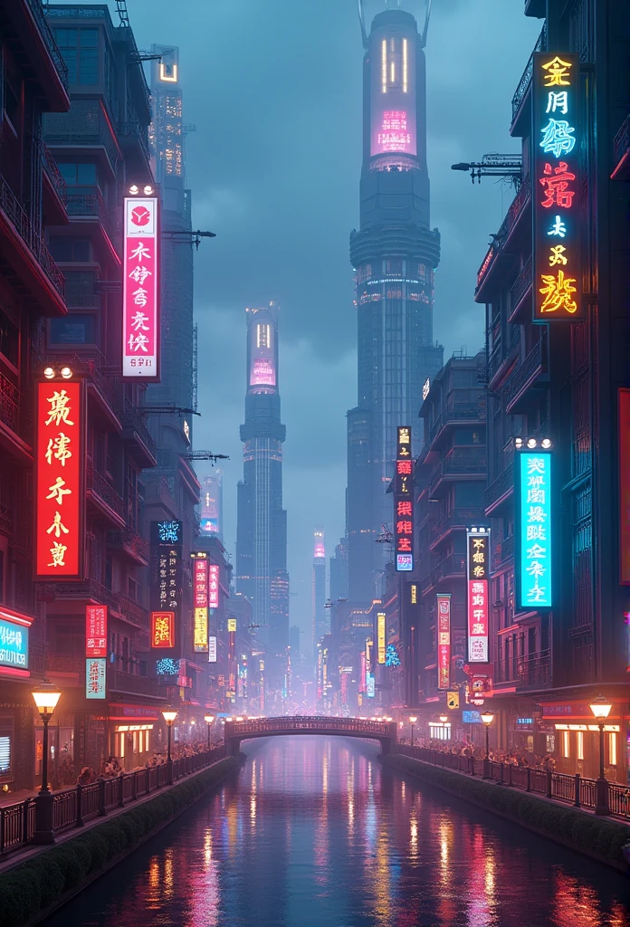 a city of tomorrow night neon china colors cinematic futuristic year 2590 artificial intelligence 8K hyperrealism chilling fumes
