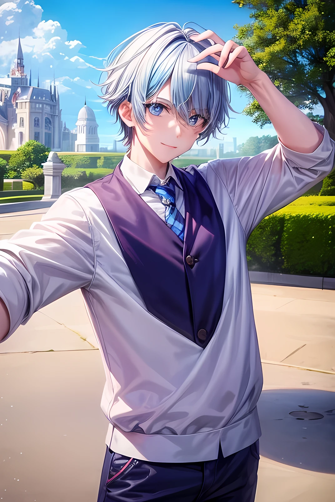cute boy, by white, blue eyes, park, selfie