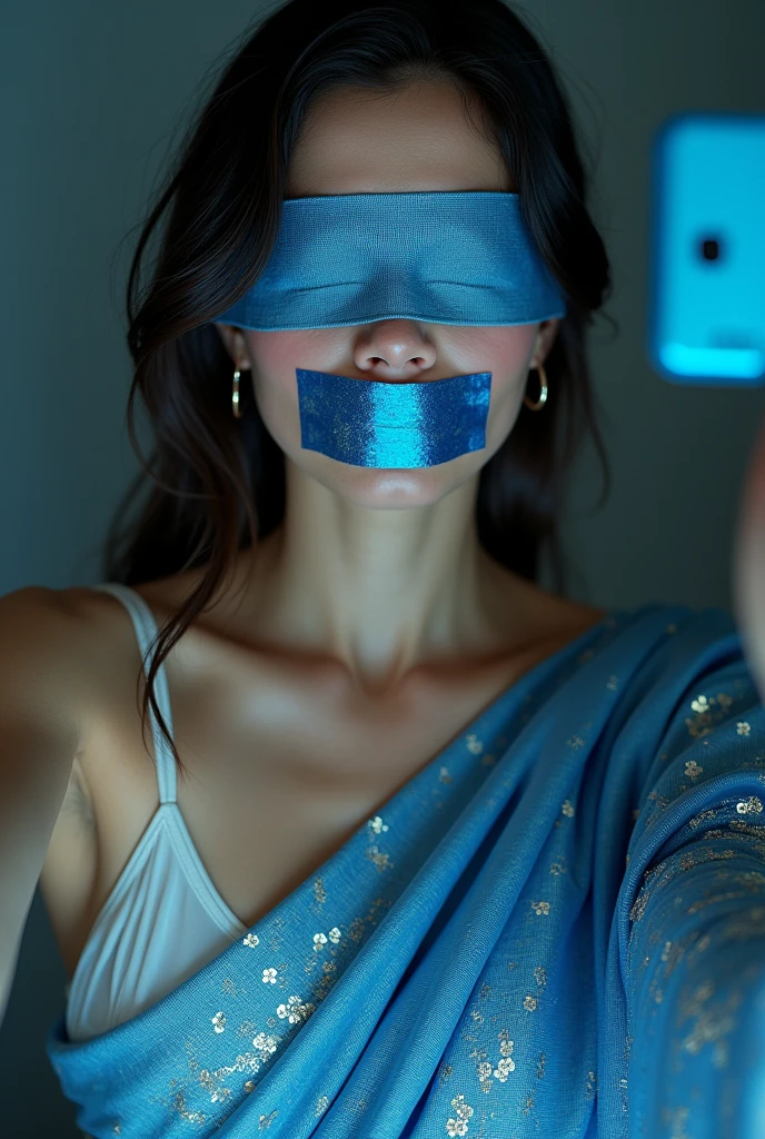 Aesthetic girl blindfolded duct tape gagged in blue sparkling shimmering saree taking selfie