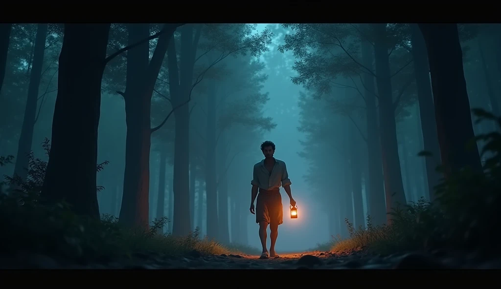 In 3D animation style:Arjun walking cautiously through the dark forest, holding a small lantern. The trees around him are tall and menacing, and strange shadows seem to move in the darkness.