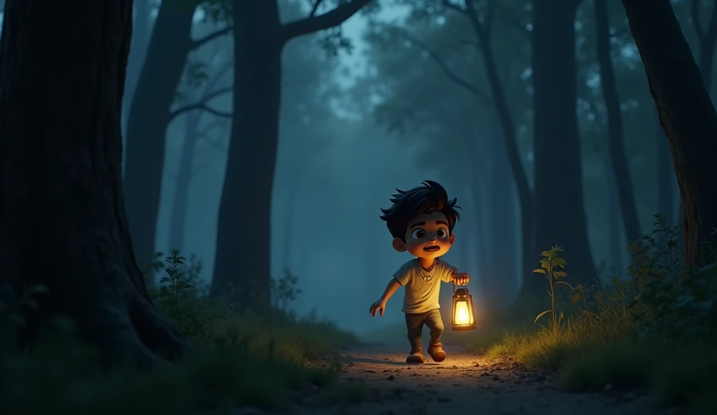 In 3D animation style:Arjun walking cautiously through the dark forest, holding a small lantern. The trees around him are tall and menacing, and strange shadows seem to move in the darkness.