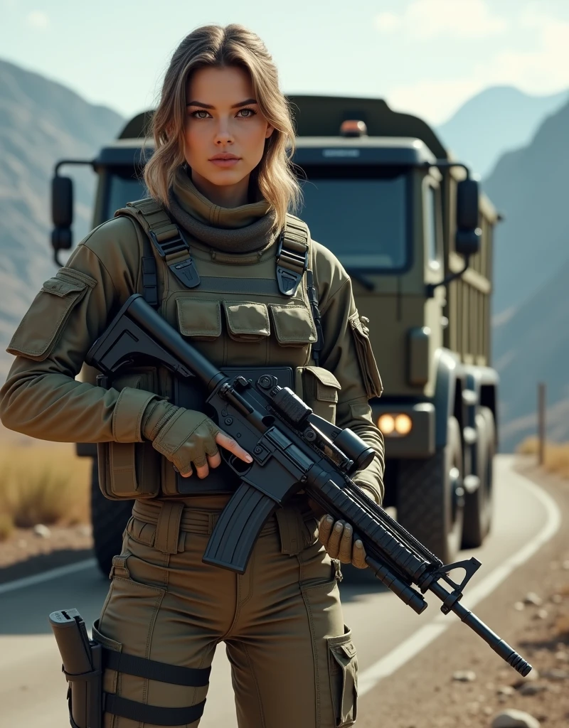 (Photorealism:1.2), beautiful armed woman, Transportation soldier, Military Truck