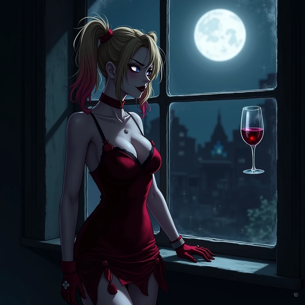 Harley Quinn with joker in anime version wearing dark makeup and in dark villa while holding red wine The shadows In night ...It is full moon outside her eyes glimmering in dark... She is standing beside her window ... Closeup photo she is wearing red velvet sexy dress