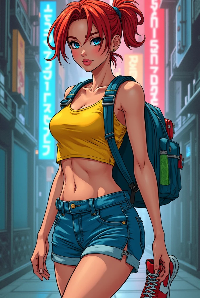 Style cyberpunk manga : de taille moyenne et mince, a des cheveux roux attachés en une queue de cheval sur le côté corte. Elle porte un débardeur jaune court, dévoilant son abdomen et grosse poitrine. avec un short en jean bleu et des bretelles rouges lâches. Ses yeux sont bleus, grands, et son visage fin exprime souvent la détermination. Elle porte des baskets rouges et blanches et emporte un sac à dos bleu ou vert. Ondine incarne une énergie dynamique et protectrice, avec un style sportif