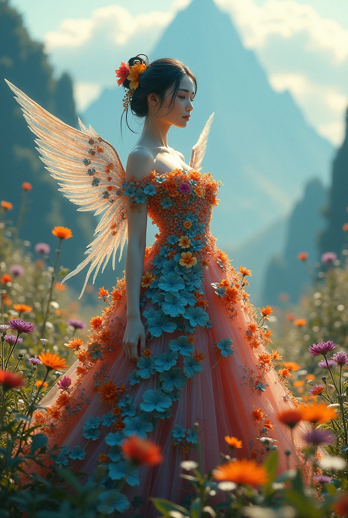 A Vietnamese woman with busty breasts, Wearing a dress made of flowers, 她的腳下and身後是盛開的花朵的森林, various flowers，Colorful, every flower is blue, Red, yellow, Green, purple, The sun shines through the leaves, The mountains in the distance are mountains shrouded in white clouds, wearing a Gorgeous outfit, Gorgeous dress, complicated clothes, elegant fire dress, Gorgeous and elegant, luxury dress, inspiRed by Hedi Xandt, Gorgeous dress, complicated clothes, Gorgeous royal dress, Gorgeous clothes, Gorgeous dress, Sophisticated and elegant, Intricately detailed dress, Gorgeous, High heel, royal dress, Detailed hands, There is fire in the body, There is water on the clothes, lightning element, Fire Element, lightning wings, full of water, Transparent Clothes, masterpiece, best quality: 1.2),, (8k, High resolution, Original image, actual, photoactual: 1.3), (Delicate skin texture, Delicate fabric texture, Detailed water, Detailed trees, detailed textuRed flowers, Detailed leaves, Detailed colors, Beautiful and detailed face: 1.25), professional lighting, photon mapping, 美麗柔and的燈光, brightness, Physically based rendering, Ray tracing, Model shooting style, Model shooting style, (Unity's super detailed 8k CG backgrounds), The world&#39;s most beautiful full-body art pieces, similar faces https://photos.google.and/photo/AF1QipMr73g5fIzFk5WUNwuyjxhunUF2mCxsGUsVK1nb