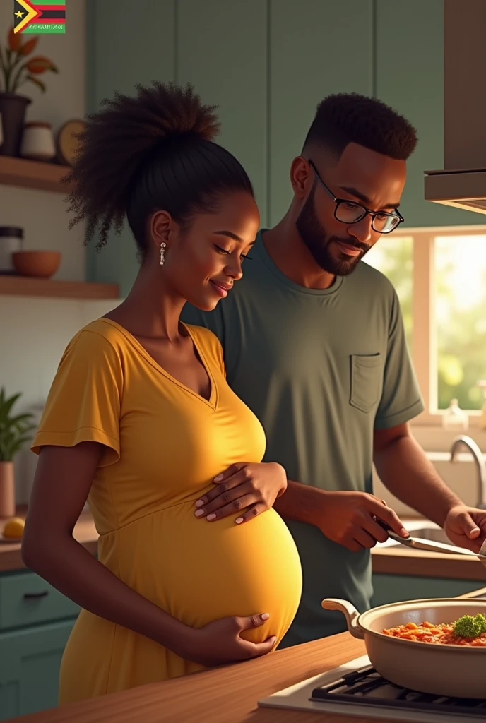 Create a realistic picture of a black couple, the wife is pregnant and the husband is cooking in the kitchen. Make the couple's age around 30 years both. And write ZimVitals logo, with the Z having Zimbabwean flag colours green, yellow, red and black colour.