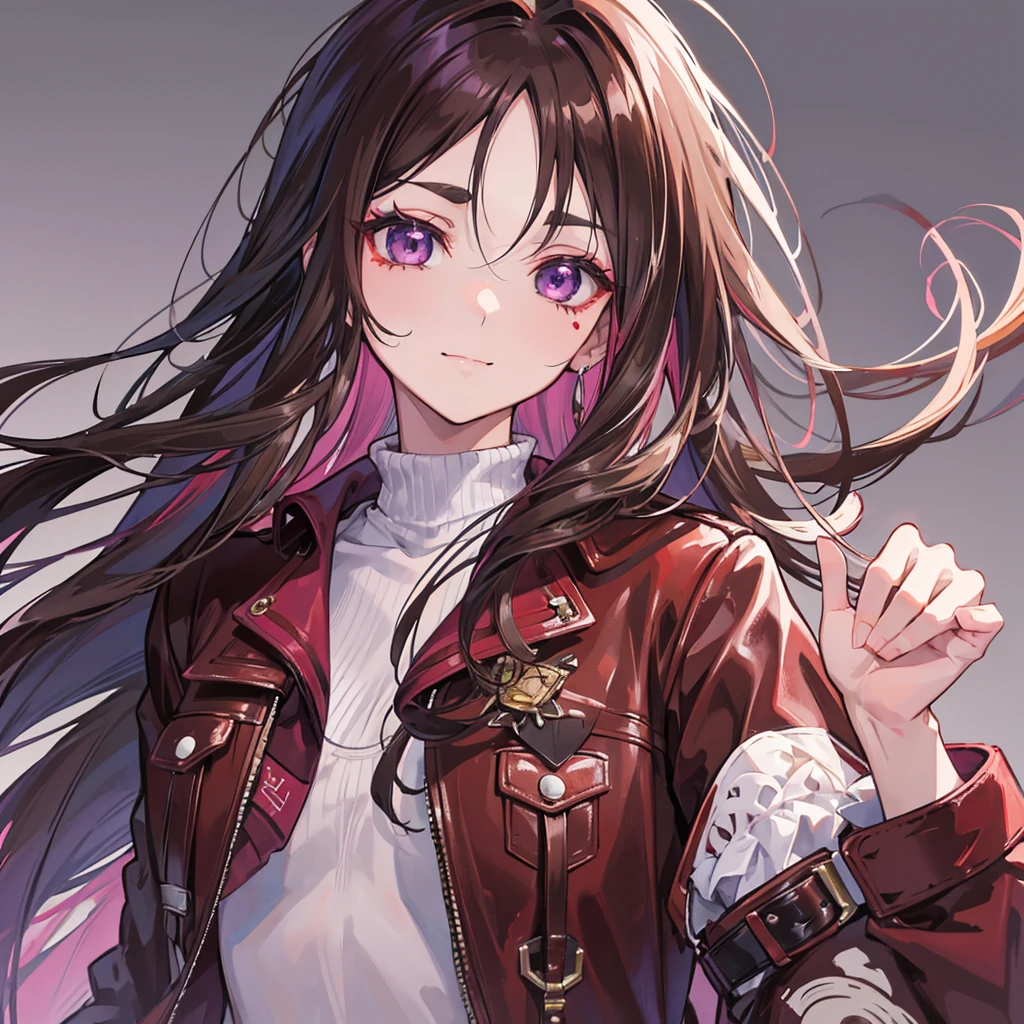 Uma mulher anime, 20 year, long brown hair, purples eyes, calm face, closed smile, red makeup under the eyes, bushy eyebrows, scar on cheek, brown leather jacket, gray blouse