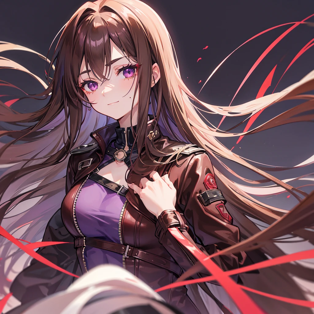 Uma mulher anime, 20 year, long brown hair, purples eyes, calm face, closed smile, red makeup under the eyes, bushy eyebrows, scar on cheek, brown leather jacket, gray blouse