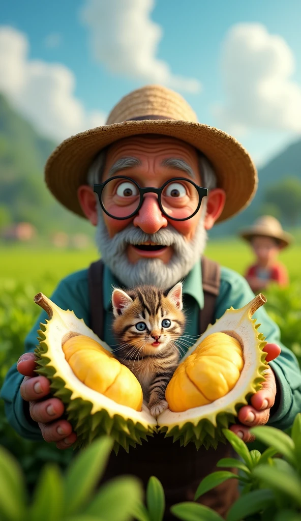 create realistic photos An elderly farmer with round glasses and a straw hat looks surprised as he holds a halved durian. Inside the durian, there is a small white kitten with yellow stripes, its mouth open as if meowing. In the background, another farmer looks on, surrounded by vibrant green fields and a bright sky. The scene conveys a whimsical and humorous vibe.