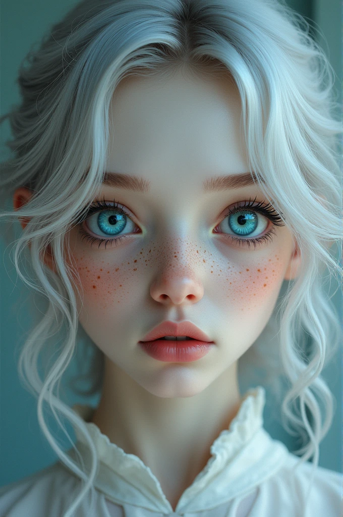 Girl, electric blue eyes, straight upturned nose, freckles, light brown eyebrows, semi-wavy silver hair, captivating eyes, white complexion, full lips