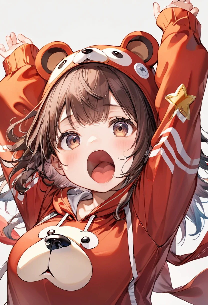 (Highest quality,Extremely detailed depiction,Incredible high resolution),Deformed Character,Child wearing a bear costume:1.3,Arms raised pose,Mouth open,