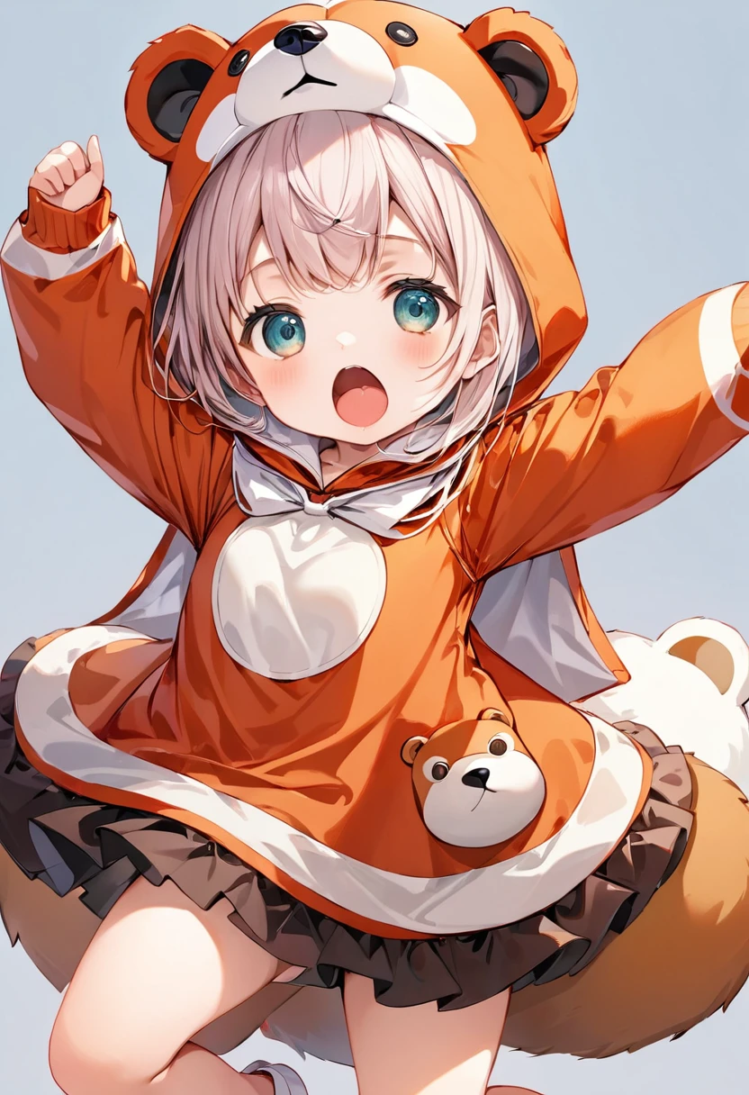 (Highest quality,Extremely detailed depiction,Incredible high resolution),Deformed Character, wearing a bear costume:1.3,Arms raised pose,Mouth open,