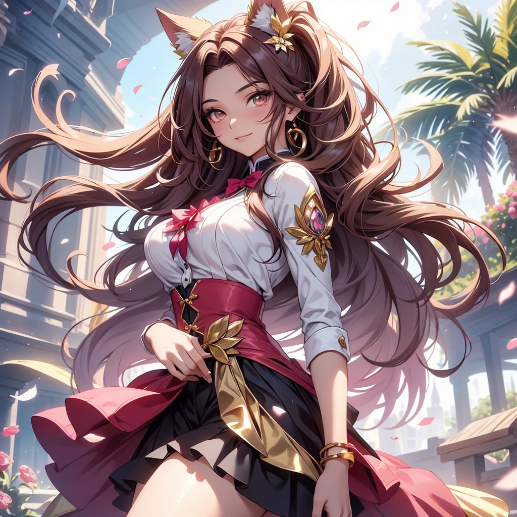 (best quality,4k,8k,highres,masterpiece:1.2),ultra-detailed,(realistic,photorealistic,photo-realistic:1.37),acrylic painting,beautiful Brazilian model in a uniform outfit red and gold with downy hair,beautiful Brazilian model with extremely colorful brown hair and detailed facial features,beautiful Brazilian model standing in a beautiful garden surrounded by a starry sky,pink hair,beautiful Brazilian model wearing a vibrant rose pinkl and gold uniform outfit,beautiful Brazilian model with intricate accessories,cat ears, ,beautiful Brazilian model with long flowing twintails,beautiful Brazilian model with bright brown eyes and rosy lips,beautiful Brazilian model with a joyful expression,beautiful Brazilian model in a dynamic pose with cherry blossoms falling around her,beautiful Brazilian model surrounded by colorful flowers and butterflies,beautiful Brazilian model's school uniform outfit adorned with cute bows and lace details red and gold,beautiful Brazilian model with an enchanting smile,beautiful Brazilian model with soft, pastel-colored shading,beautiful Brazilian model with a magical glow illuminating her,beautiful Brazilian model in a picturesque setting with a winding path leading to a magnificent castle,beautiful Brazilian model with a fairytale-like background,beautiful Brazilian model with a soft, dreamy atmosphere,beautiful Brazilian model with a subtle bokeh effect,beautiful Brazilian model standing under a sunny sky,beautiful Brazilian model with a warm, golden sunset in the background,beautiful Brazilian model surrounded by twinkling stars and colorful nebulae,creating an ethereal and captivating artistic masterpiece, sitting down, facing camera, uniform outfit genshin 