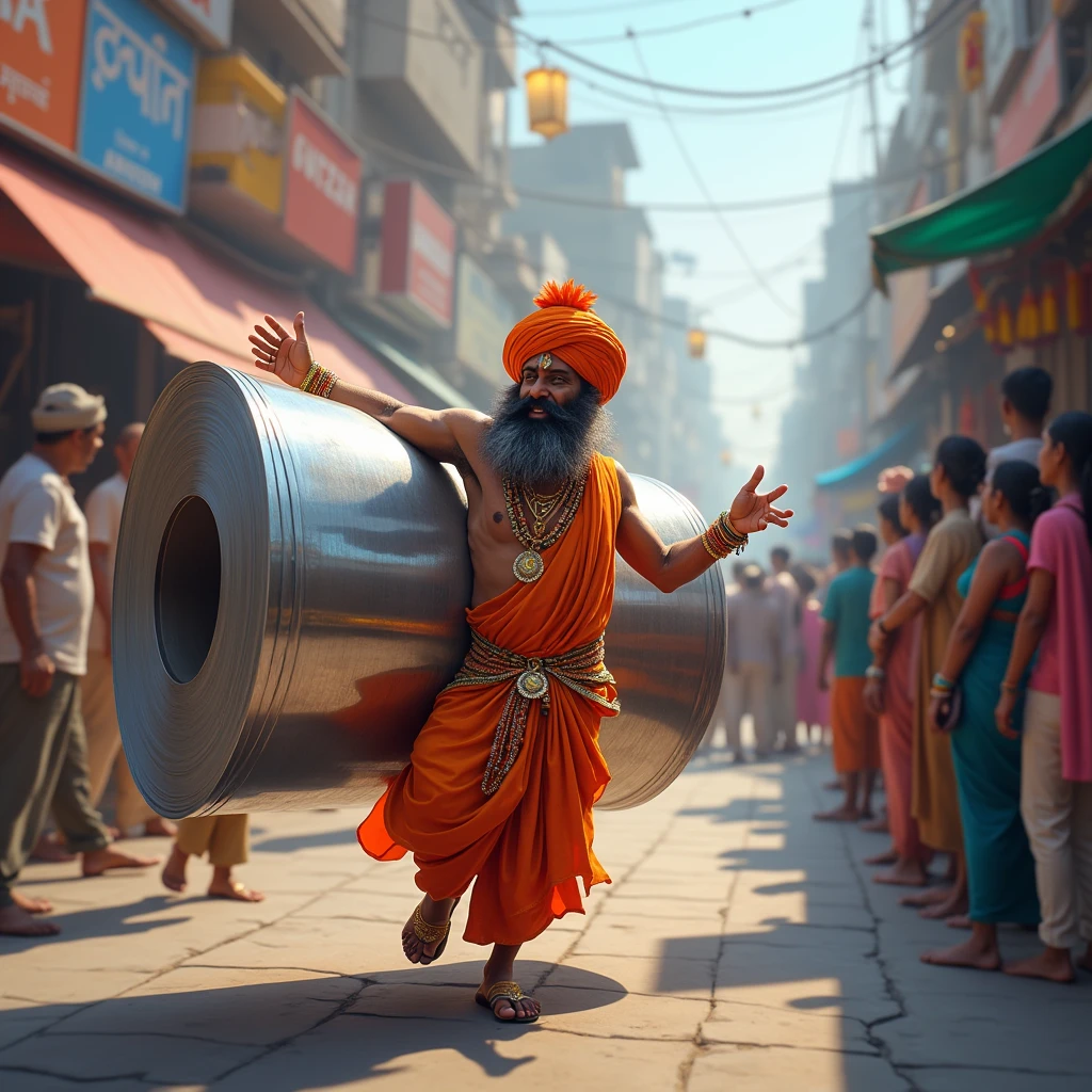 A colorful Hindu sells shiny, huge rolls of stainless steel on the street