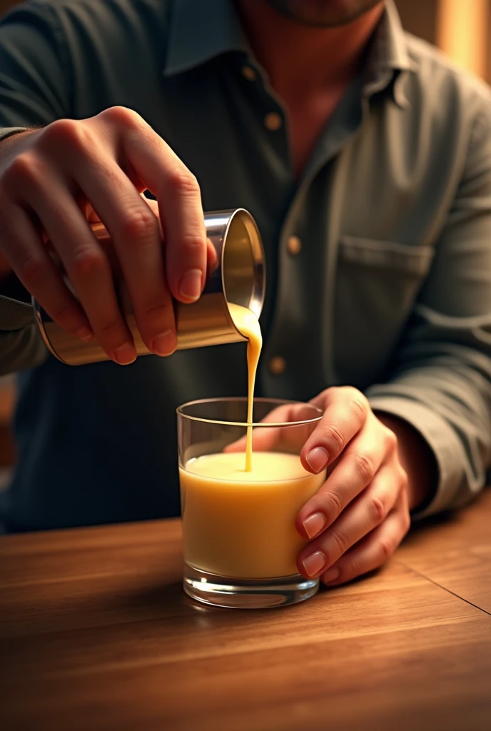 At the table, putting creamy liqueur in the glass