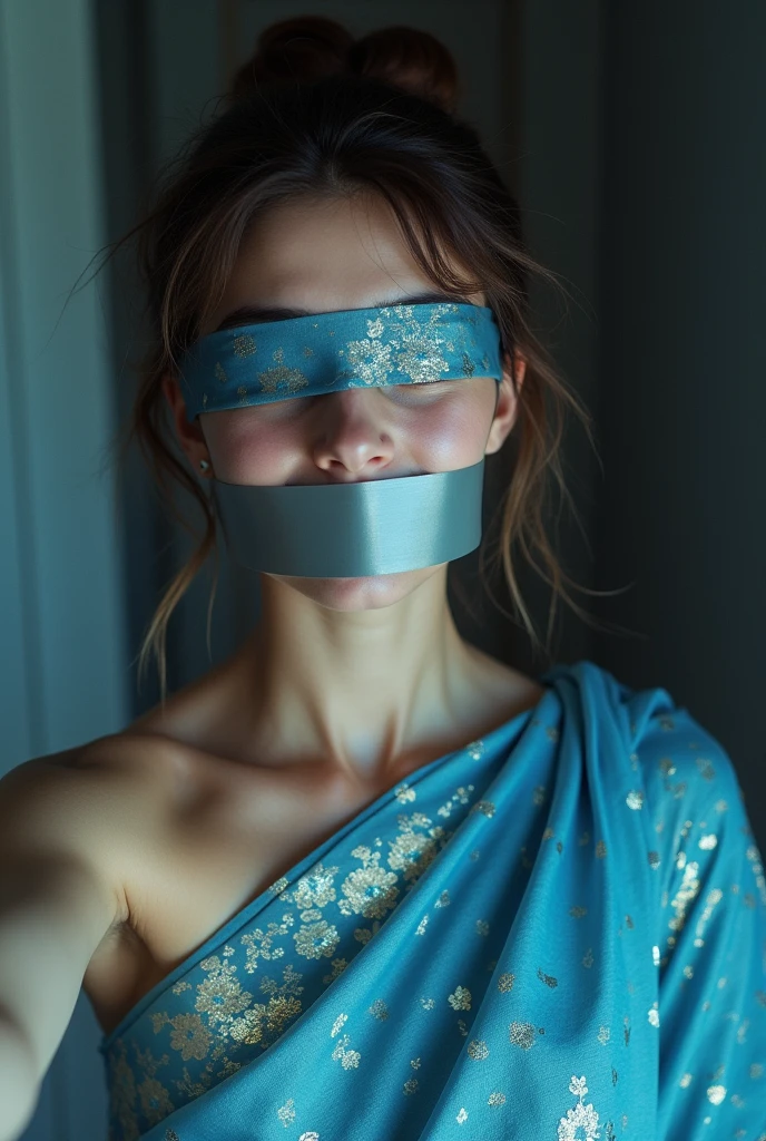 Aesthetic girl blindfolded duct tape gagged in blue sparkling shimmering saree taking selfie