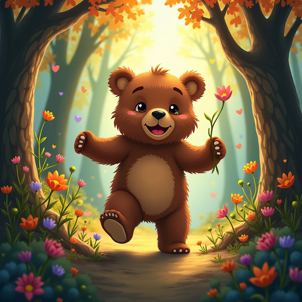 (brown bear), Children's book illustration style, natural light, bright colors, cartoon character design, detailed background, high resolution. Beautiful cinematic lighting, surreal, color graded, dynamic movement, captivating chiaroscuro, (special effects:0.1), full body, award-winning, cinematic still, emotional, vignette, dynamic, vivid, (masterpiece, best quality, photorealistic, Professional, perfect composition, very aesthetic, absurdres, ultra-detailed, intricate details:1.3)