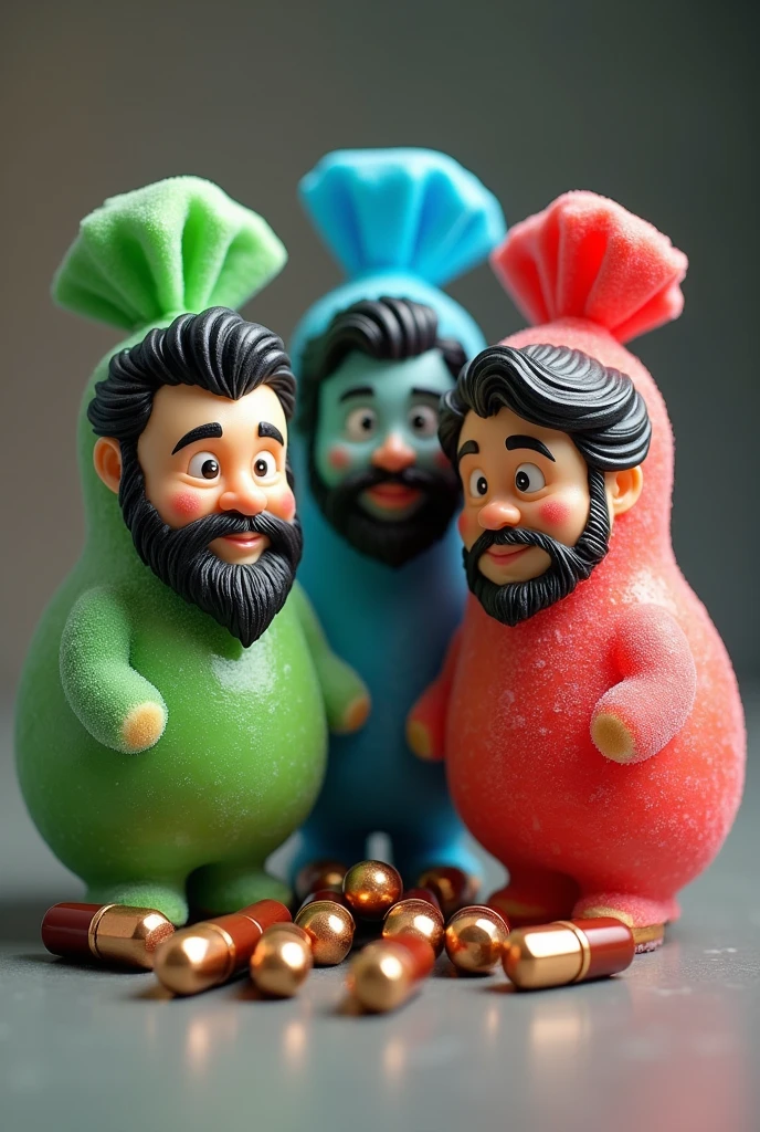 3 Yogurt Candies That Are Gamers and Programmers One Must Be Green, another blue and a red one The green one must have a beard, black hair and a little fat, is in her early 20s. Blue is right-wing and wears glasses., dark brown hair, skinny, is 2 Red is a communist and wears glasses, is 3, but with black hair and beard, no baldness Bullets must be in the packaging