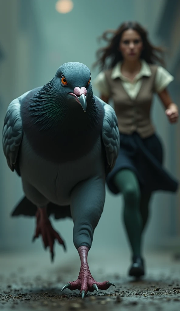 ((Highest quality)), ((masterpiece)), (horror movie posters:1.5), (short-sleeved shirt), (Motion Blur:1.1), (Grey Female Dove vs Jason), ((Jason runs ahead:2)), A muscular grey female pigeon chasing after someone, グレーの女性のハトがオフホワイトで襟付きのshort-sleeved shirtに薄茶色のベストを着てひざ丈の黒いスカートに濃い緑の靴下と黒の靴を履いている, Photorealistic images,