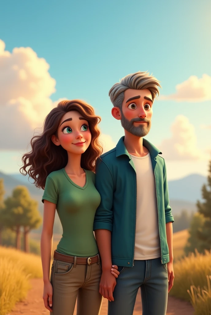 Pixar style image of a couple in their 20s, full body shot. the wife is in front , She has a green shirt, She has shoulder length light brown curly hair, white skin,plump complexion, The husband behind her is white-skinned, grey hair, Without beard , white shirt and blue jacket, They are looking towards the horizon, they are smiling