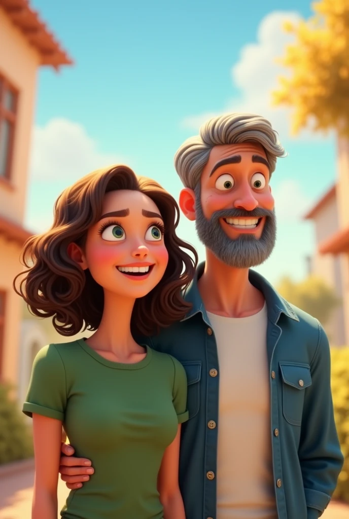 Pixar style image of a couple in their 20s, full body shot. the wife is in front , She has a green shirt, She has shoulder length light brown curly hair, white skin,plump complexion, The husband behind her is white-skinned, grey hair, Without beard , white shirt and blue jacket, They are looking towards the horizon, they are smiling
