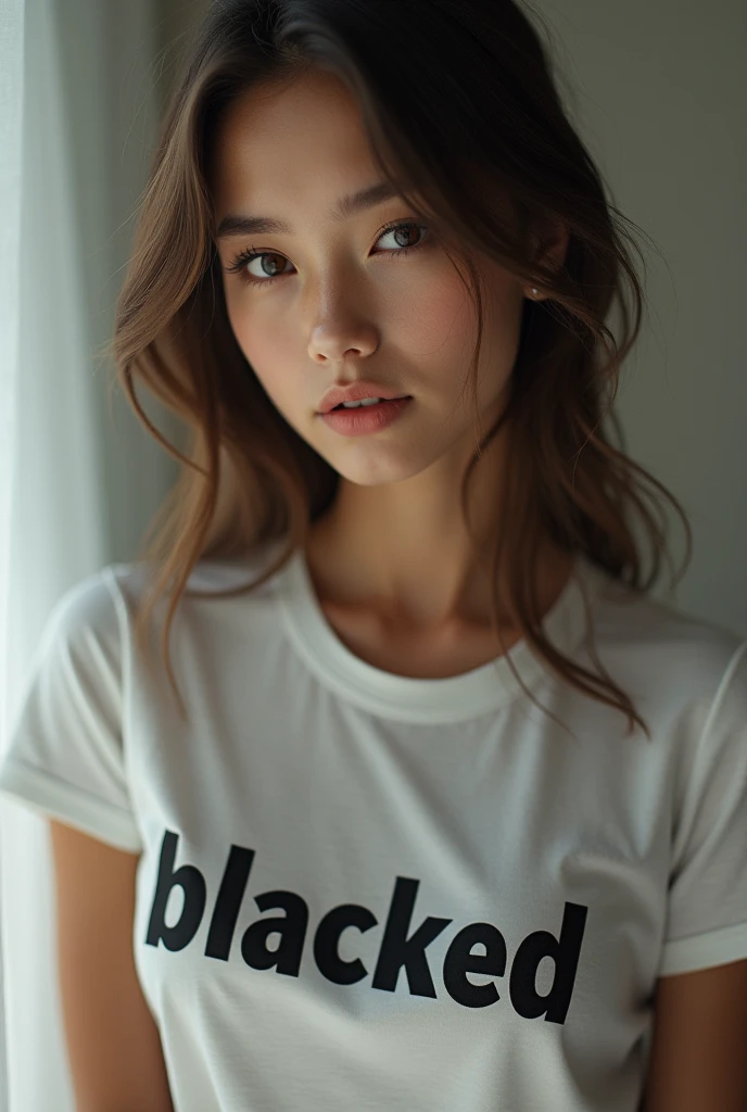 (photorealism:1.2), beautiful White american girl 1 woman with a seductive stare wearing a shirt with the written "blacked" on it