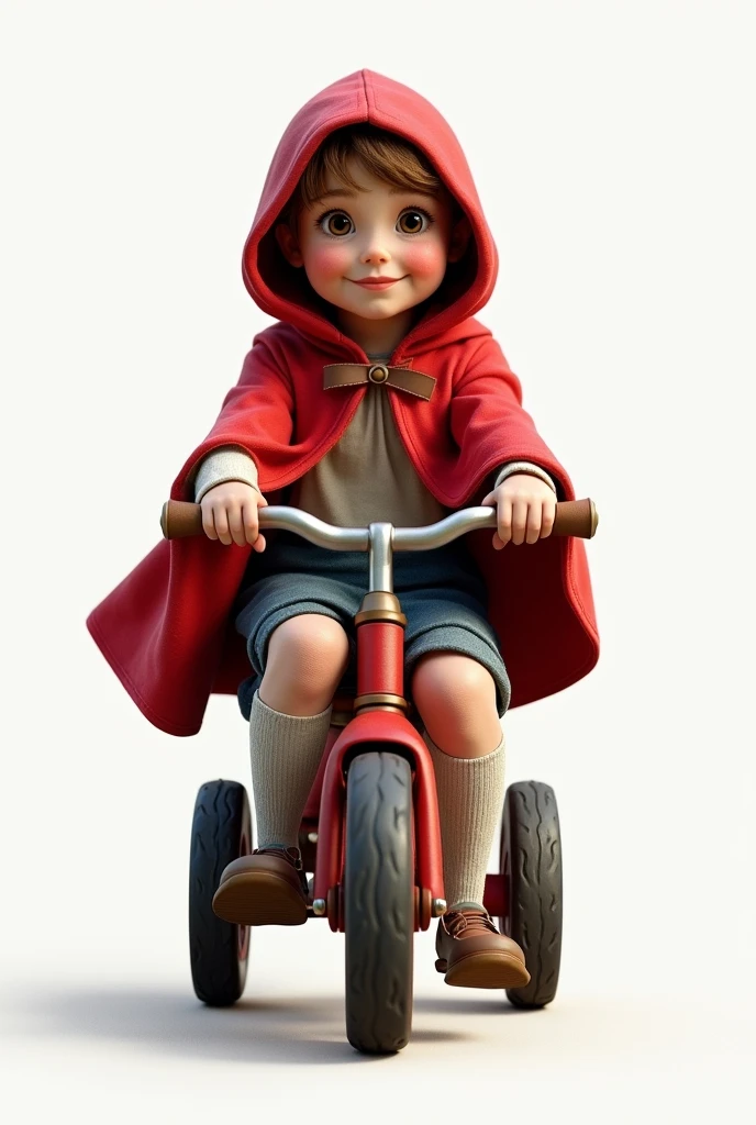 (((realistic full figure portrait of a Little Red Riding Hood riding a tricycle))), full figure, frontal, camera parallel to character's eyes, white neutral background, smiling, serene, front view