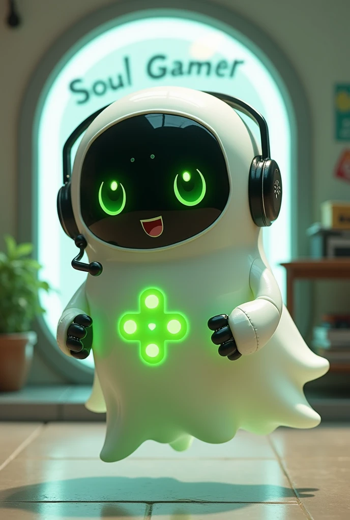 Create a medium-sized robot pet with a ghost-like appearance. With slightly rounded shapes resembling a drop. On your hands you have well defined fingers. His facial expression has large, green eyes with a glow, conveying a friendly and cheerful expression. He has a small open mouth with a happy smile and flushed cheeks.. Its body is white with small green details and a smooth, slightly shiny texture.. He has a headset on his head with an adjustable microphone positioned close to his mouth.. And on his chest you can see the illuminated shape of a Playstation 5 controller in fluorescent green.. It floats in the air, as if he were ready for an adventure. Behind the character you can see a portal and on it is written "Soul Gamer"