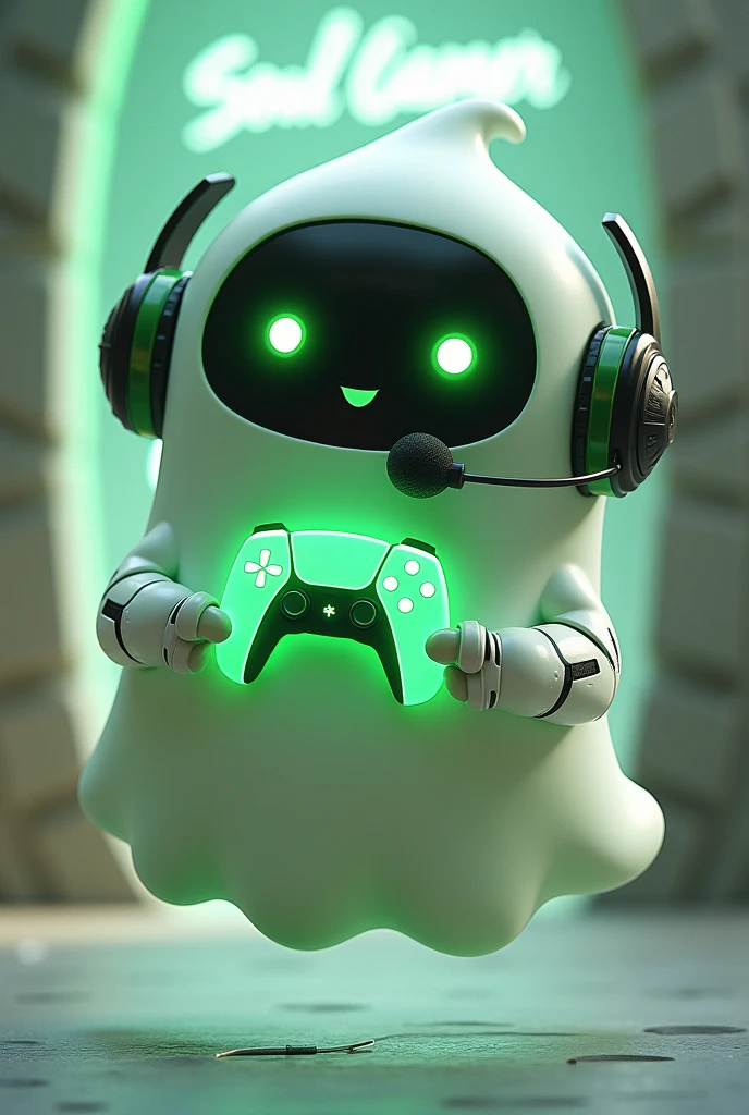 Create a medium-sized robot pet with a ghost-like appearance. With slightly rounded shapes resembling a drop. On your hands you have well defined fingers. His facial expression has large, green eyes with a glow, conveying a friendly and cheerful expression. He has a small open mouth with a happy smile and flushed cheeks.. Its body is white with small green details and a smooth, slightly shiny texture.. He has a headset on his head with an adjustable microphone positioned close to his mouth.. And on his chest you can see the illuminated shape of a Playstation 5 controller in fluorescent green.. It floats in the air, as if he were ready for an adventure. Behind the character you can see a portal and on it is written "Soul Gamer"