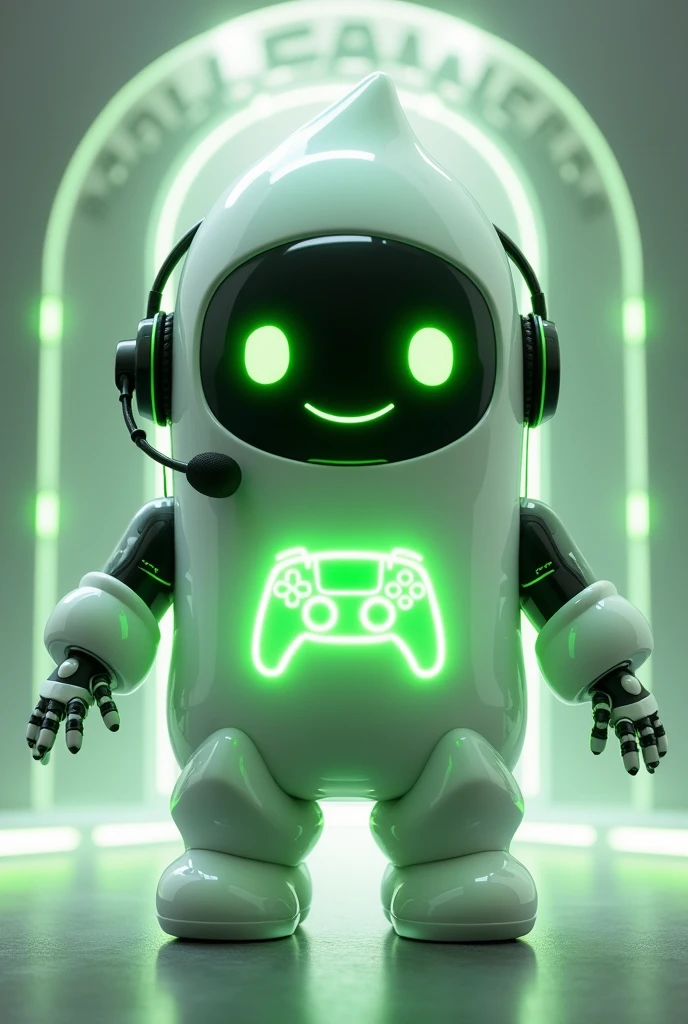 Create a medium-sized robot pet with a ghost-like appearance. With slightly rounded shapes resembling a drop. On your hands you have well defined fingers. His facial expression has large, green eyes with a glow, conveying a friendly and cheerful expression. He has a small open mouth with a happy smile and flushed cheeks.. Its body is white with small green details and a smooth, slightly shiny texture.. He has a headset on his head with an adjustable microphone positioned close to his mouth.. And on his chest you can see the illuminated shape of a Playstation 5 controller in fluorescent green.. It floats in the air, as if he were ready for an adventure. Behind the character you can see a portal and on it is written "Soul Gamer"