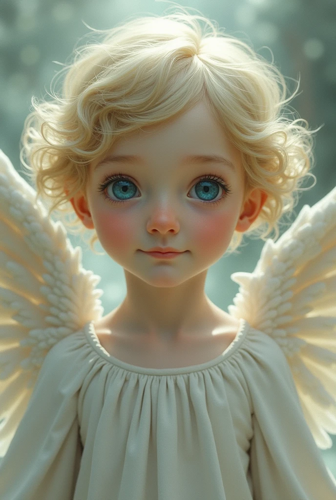 surrealist image of an Angel with a slight smile, blue eyes, short, curly blonde hair, wearing a linen tunic with a round collar.