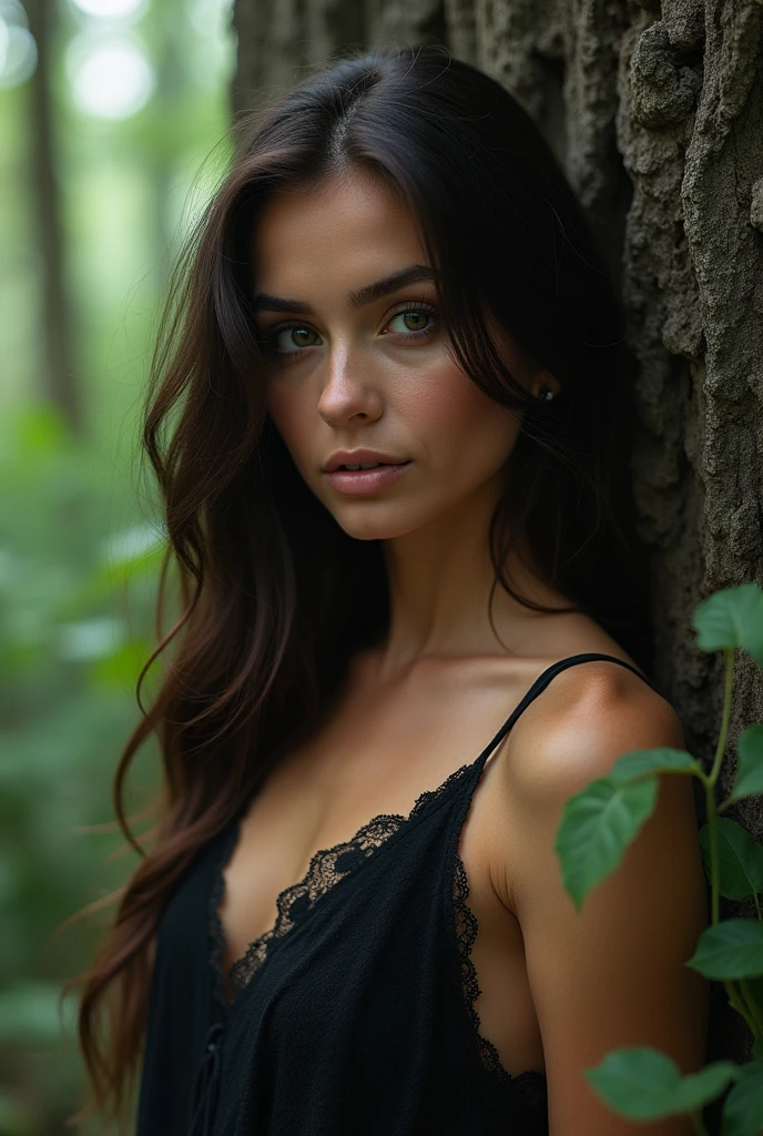 CLOSE UP VIEW,there is a NUDE woman standing next to a tree in a forest, against the backdrop of trees, in front of a forest background, nika maisuradze, next to a tree, with a tree in the background, moleksandra shchaslyva, portrait image, anna nikonova, nadezhda tikhomirova, alina ivanchenko