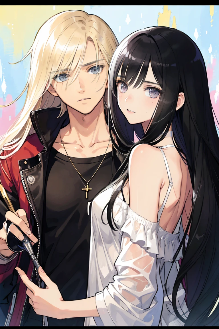 man and woman, couple, love, mature, a cat woman, she has freckles, she has dark brown eyes and an upturned nose, she is happy and smiling, she has long wavy hair, black hair, she is wearing aviator sunglasses with clear lenses in a soft watercolor style. The girl's clothes must be pink, purple, and blue in celebration of the bisexual, with stains of ink and watercolor mixing and filling the scene. he has blonde hair, he is handsome, he is slim. There should be a subtle, nuanced change in colors using the impasto technique with gouache paint. There should be a light rain in the watercolor painting with a little watercolor paper texture and a pastel background.