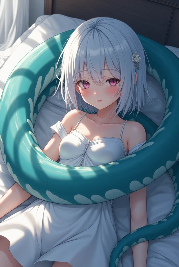 Japanese anime style，White-haired girl，On the bed，Wear white，Charm，A little bit of reality，Some body details，Cat girl，Bust A，Being entangled and assaulted by a slimy tentacle monster