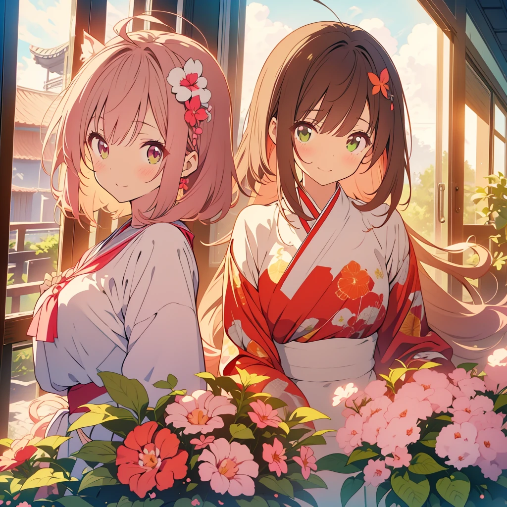 kawaii, anime, Cute, hyper quality, highly detailed, 8k, Clarity, Draw facial expressions in detail, A young girl with short light pink hair and scarlet eyes., Housenka, Impatiens balsamina, tension, whole body, put your hand on your chest, patience, A girl with long dark brown hair and green eyes, smile, talk, aggressive,