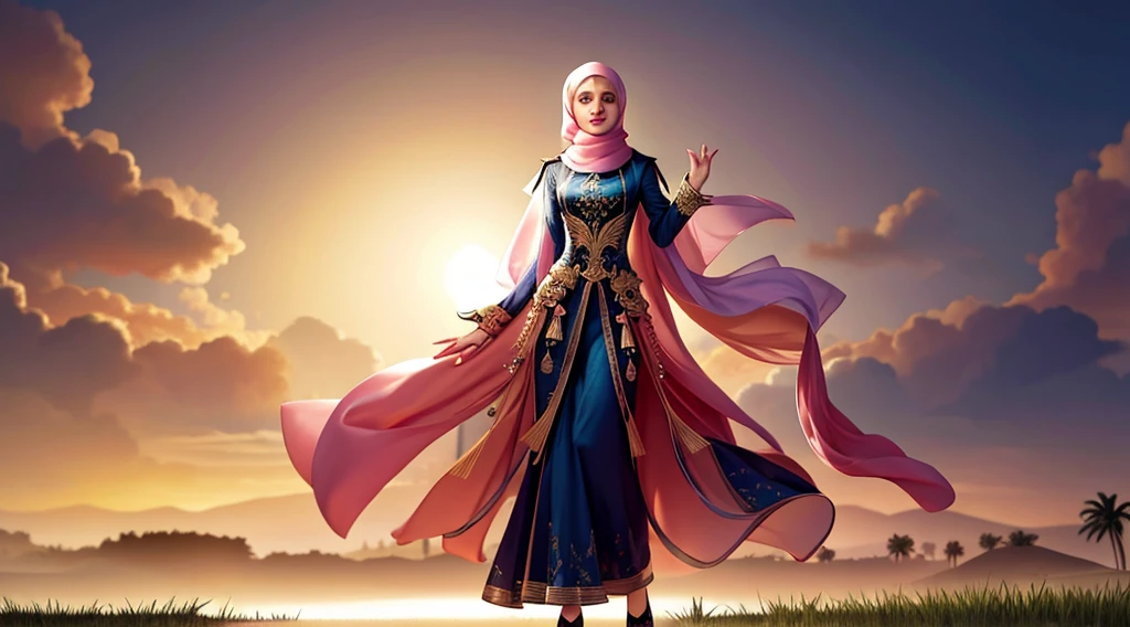 best quality, masterpiece, highres, moslem female dress, necklace, Beautiful face, (upon body from head to waist:1.37), tyndall effect, photorealistic, dark studio, rim lighting, two tone lighting, 8k uhd, dslr, soft lighting, high quality, volumetric lighting, candid, Photograph, high resolution, 4k, 8k, Bokeh, (hyperrealistic girl), (illustration), (high resolution), (extremely detailed), (best illustration), (beautiful detailed eyes), (best quality), (ultra-detailed), (masterpiece), (wallpaper), (photorealistic), (natural light), (rim lighting), (detailed face), (high detailed realistic skin texture), (anatomically correct), (solo), (1 woman), (heterochromic eyes), (detailed eyes), (sparkling eyes), (long legs), (big breasts), (dynamic pose), (concentrated expression), (wearing hijab:1.4), moslem headscarf, reading glasses.
a young woman standing on a concrete pathway in the middle of a rice field. She is wearing a pink hijab and a pink top, and is holding a camera in her hand. The sky is a beautiful orange and pink color, with the sun setting in the background. The rice field is surrounded by palm trees and there are a few buildings visible in the distance. The overall mood of the image is peaceful and serene.