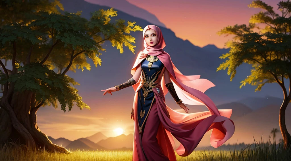 best quality, masterpiece, highres, moslem female dress, necklace, Beautiful face, (upon body from head to waist:1.37), tyndall effect, photorealistic, dark studio, rim lighting, two tone lighting, 8k uhd, dslr, soft lighting, high quality, volumetric lighting, candid, Photograph, high resolution, 4k, 8k, Bokeh, (hyperrealistic girl), (illustration), (high resolution), (extremely detailed), (best illustration), (beautiful detailed eyes), (best quality), (ultra-detailed), (masterpiece), (wallpaper), (photorealistic), (natural light), (rim lighting), (detailed face), (high detailed realistic skin texture), (anatomically correct), (solo), (1 woman), (heterochromic eyes), (detailed eyes), (sparkling eyes), (long legs), (big breasts), (dynamic pose), (concentrated expression), (wearing hijab:1.4), moslem headscarf, reading glasses.
a young woman standing on a concrete pathway in the middle of a rice field. She is wearing a pink hijab and a pink top, and is holding a camera in her hand. The sky is a beautiful orange and pink color, with the sun setting in the background. The rice field is surrounded by palm trees and there are a few buildings visible in the distance. The overall mood of the image is peaceful and serene.