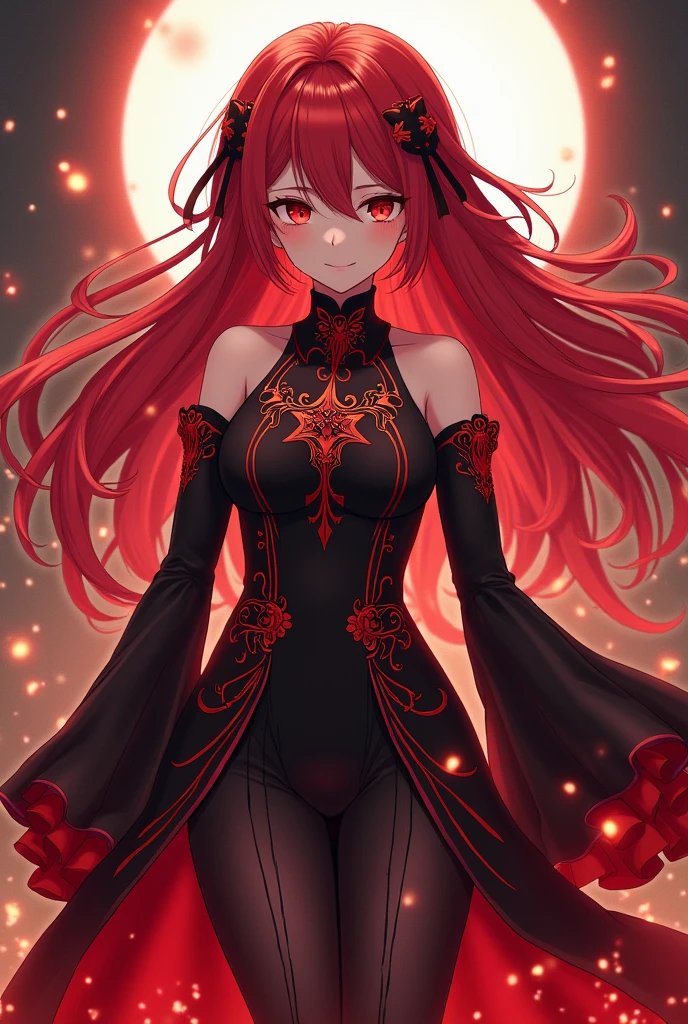 Create an anime character using these name:
Bionna Scarlet Blackwood (Yunna) (she had red eyes, red hair, her style resembles of love, passion, pride, compassion, anger, hunger, immediacy, amd she had an scarlet phantom scythe)
Make her more majestic and mature.