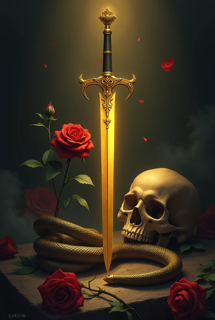 An image that works in one, a golden dagger, A snake, a skull and a rose