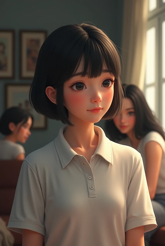 Teenage girl with short black hair wearing a white short sleeve polo shirt.in front of a lady with long black hair in the background of a room