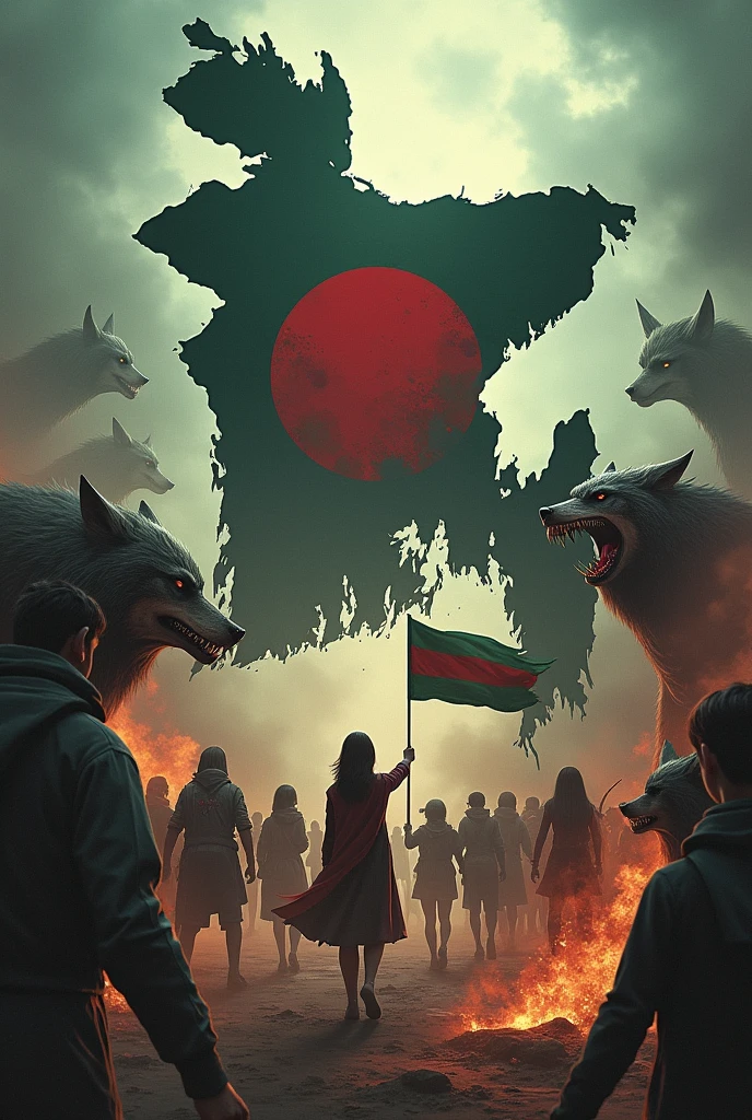 "Depict a vivid battle scene with the map of Bangladesh as the background. On one side, a group of creatures including a wolf, a hyena, a vampire, and other monsters are advancing to destroy a specific target. On the other side, brave students are standing in defense, holding the Bangladesh flag. The scene should convey an atmosphere of full-scale war, showing the intense clash between dark forces and the young defenders, with the map of Bangladesh symbolizing the entire battleground."