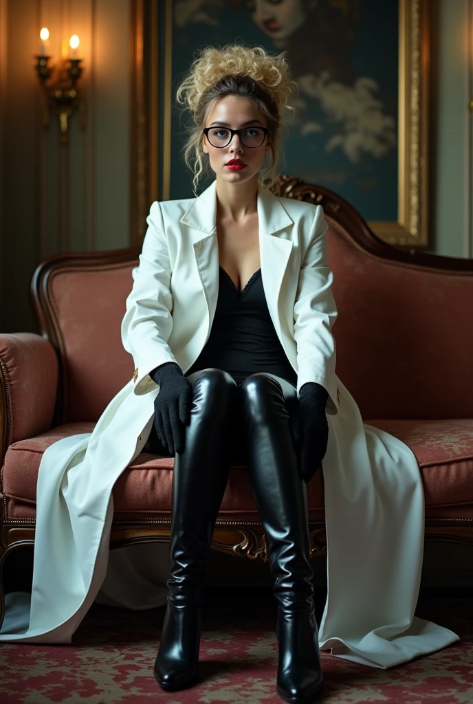professionally color graded photograph. full body view. A sexy, mature Russian woman. very tall. with blonde curly hair with dark roots pulled back and up into bun. dark blue heavy eyeshadow. black eyeliner. rouge blush. deep glossy full red lips. black frame eyeglasses. ((Wearing white tight fitted  lab coat)). sleeves pulled up. Wearing tall black leather high heel boots. ((wearing very long, tight fitting black latex gloves)). Wearing black latex cocktail dress. (cleavage). posing sitting on elegant vintage settee in artistic living room of an apartment in Moscow. subdued ambient lighting. happy smile. (POV from front). 35mm lens. depth of field.