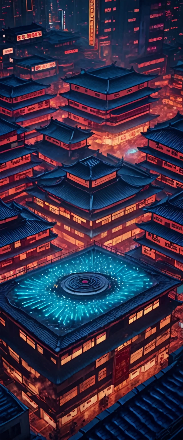 a city of tomorrow night neon china colors cinematic futuristic year 2590 artificial intelligence 8K hyperrealism chilling fumes top view