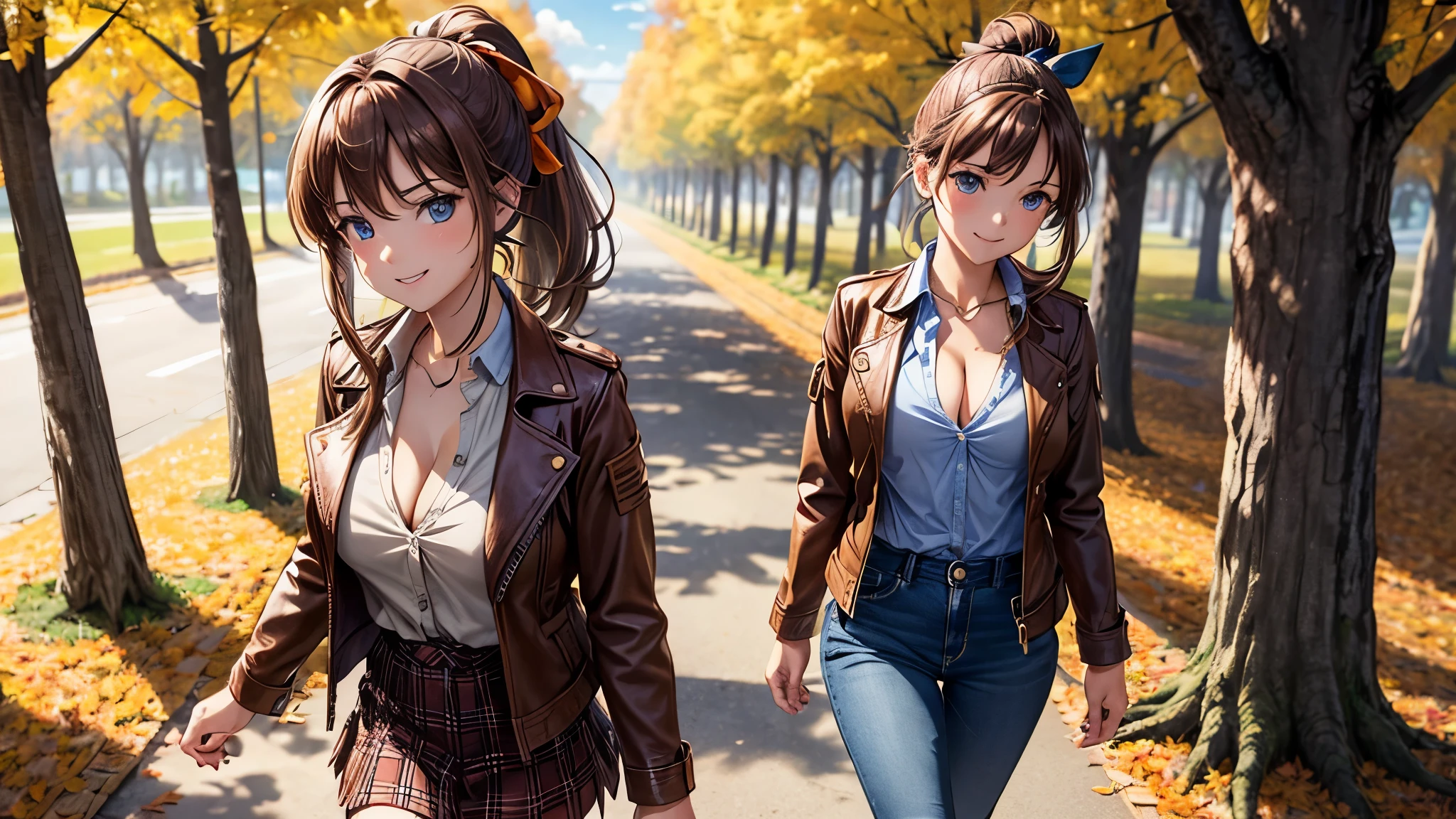 1girl, solo, trees, sun, clouds, autumn, colorful trees, falling leaves, ((brown hair)), ponytail, large breasts, ((brown leather jacket)), button down shirt, ((blue checked shirt)), ((checked shirt)), ((unbuttoned shirt)), ((unbuttoning buttons)), ((popping buttons)), ((full cleavage)), blue eyes, mini skirt, brown boots, smile, happy, looking at the viewer, ((walking)), hair ribbon, golden necklate