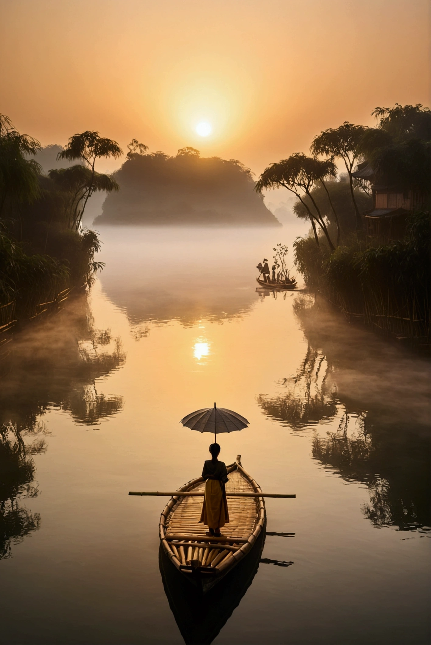 Misty,Sunset through the fog,Aerial 92-degree angle shot of a woman on a bamboo raft holding an umbrella in front,There is a boatman behind,Like a Chinese landscape painting, it also looks like a fairyland, as if there is Buddha's light.,Maximum resolution,All the details can be seen clearly,Cinematic color grading