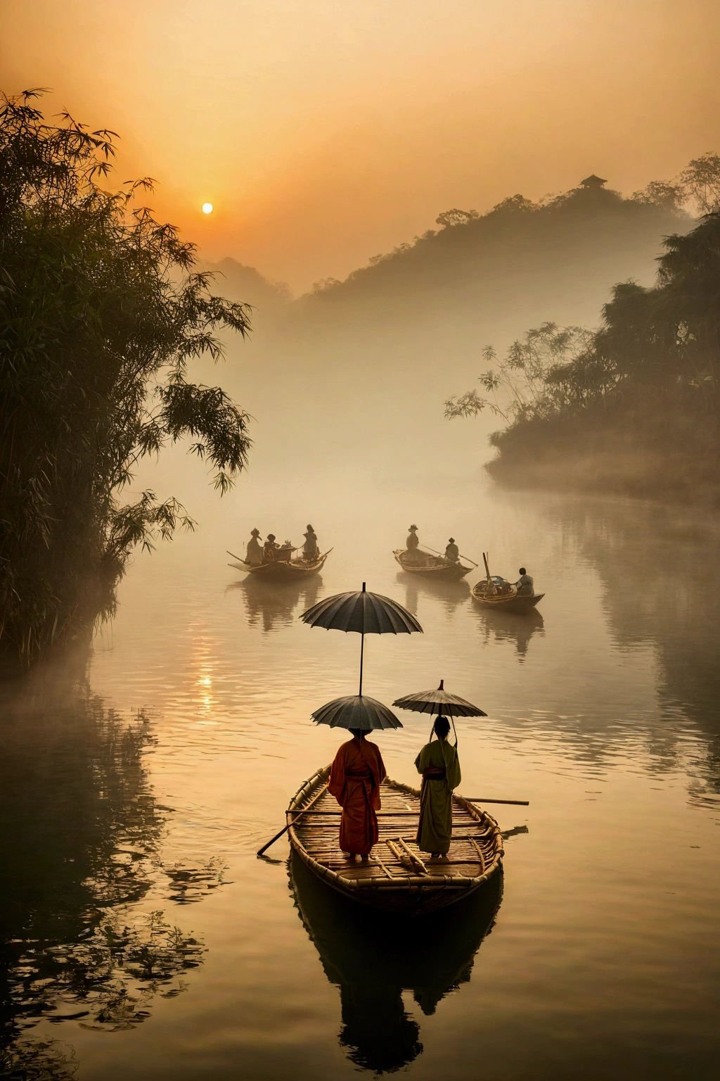 Misty,Sunset through the fog,Aerial 92-degree angle shot of a woman on a bamboo raft holding an umbrella in front,There is a boatman behind,Like a Chinese landscape painting, it also looks like a fairyland, as if there is Buddha's light.,Maximum resolution,All the details can be seen clearly,Cinematic color grading