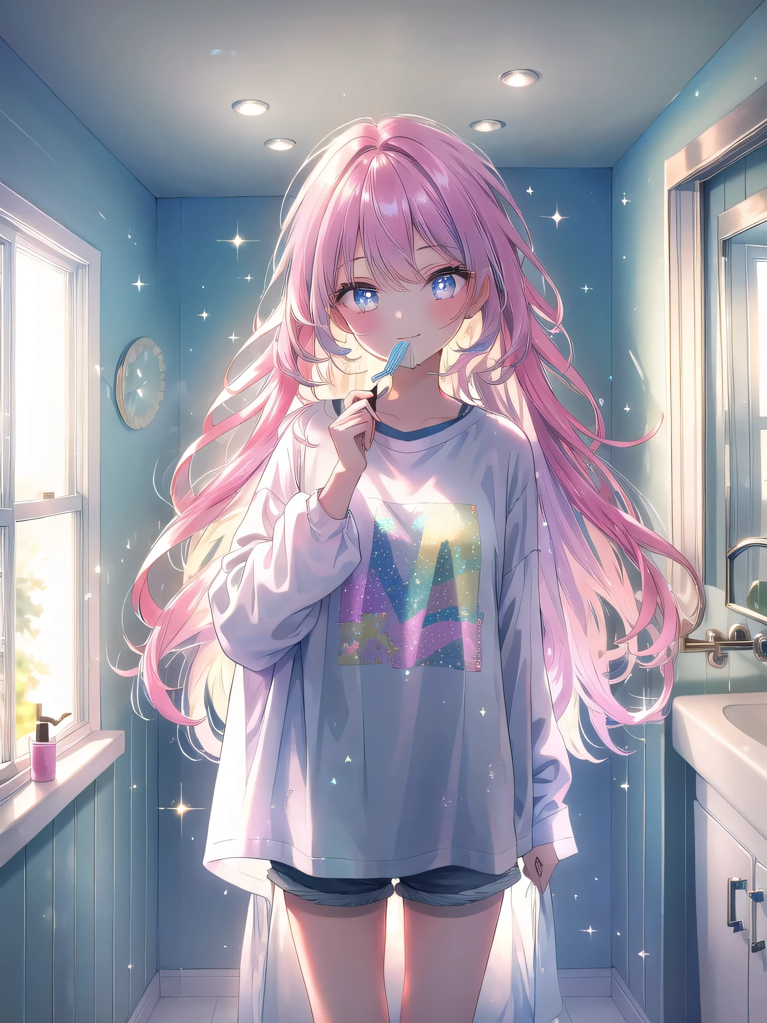 ((8k, Highest quality, masterpiece: 1.3)),Ultra-high resolution,(1 girl, alone), (Color changing eyes, Ultra-detailed, Expressive brilliance, Glitter, Glowing Eyes), Highly detailed eyes, Highly detailed face, Random Hair, ((pastel colour)) The woman is standing in front of the bathroom mirror, brushing her teeth. She’s wearing an oversized T-shirt and shorts, her hair slightly messy from sleep. She glances at the camera with a sleepy smile, toothpaste foam at the corner of her mouth. The bathroom is bright and modern, with sunlight streaming through a small window.