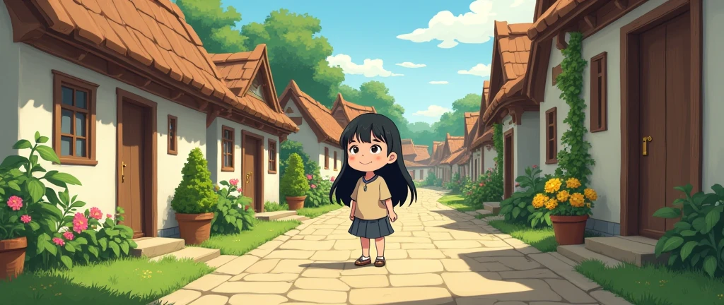 A black hair girl who live in the small village in 2d animation