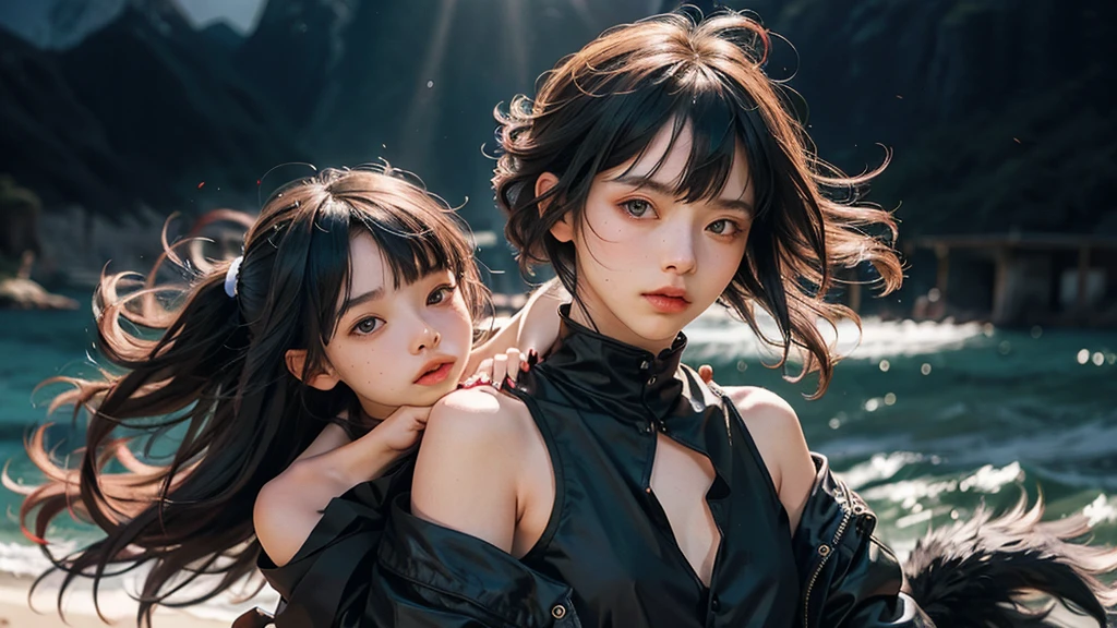 NSFW, feminine small shotacon, holding crow pet, small fragile body, black fur-lined clothes hanging on the shoulder, little to no clothes (showing core body), black hair, very messy mullet hair, bangs, shining crimson eyes, masterpiece, 8k, photorealistic, chiaroscuro lighting, dramatic shadows, cinematic composition, coast background, wearing black short, sharp black nails, full body
